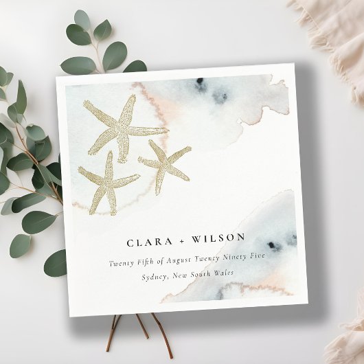 金ゴールドダスキーブルービーチイヒトデの水の色結婚の スタンダードカクテルナプキン