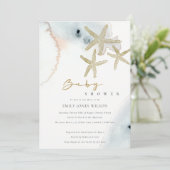 金ゴールドダスクブルービーチイヒトデ赤ちゃんシャワー招待状 サンキューカード (スタンド正面)
