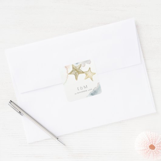 金ゴールドダスクブルービーチイヒトモノグラム結婚ズ スクエアシール (封筒)