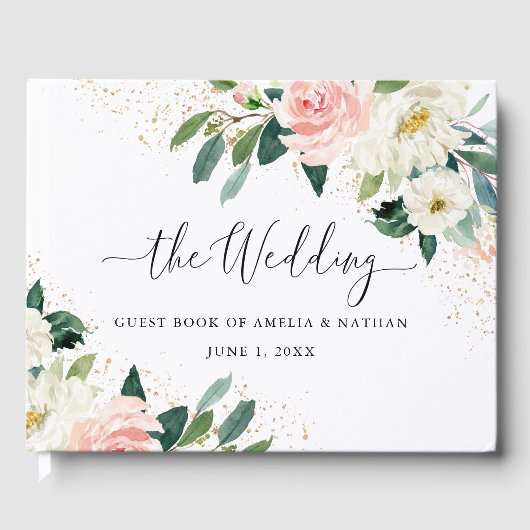 金ゴールドダストピーチ赤面フローラ水彩結婚色 ゲストブック (正面)