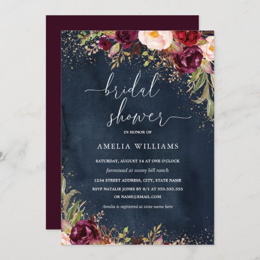 金ゴールドダストブルゴーニュ海軍フローラブライダルシャワー 招待状 (正面/裏面)