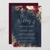 金ゴールドダストブルゴーニュ海軍フローラ水の色結婚の 招待状 (正面/裏面)