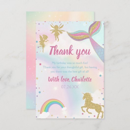 金ゴールドダストマジカルユニコーンフェアリー人魚誕生日 サンキューカード (正面/裏面)