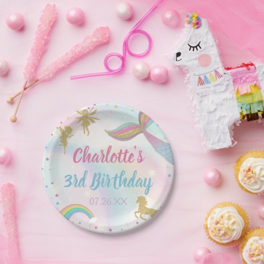 金ゴールドダストマジカルユニコーンフェアリー人魚誕生日 ペーパープレート (パーティー)