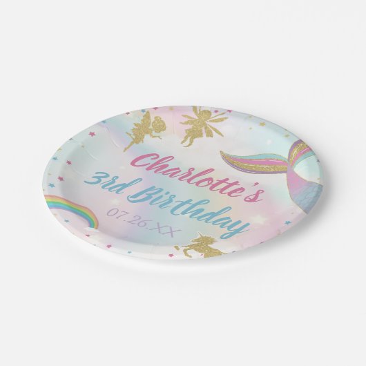 金ゴールドダストマジカルユニコーンフェアリー人魚誕生日 ペーパープレート (アングル)