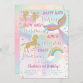 金ゴールドダストマジカルユニコーンフェアリー人魚誕生日 招待状 (正面/裏面)