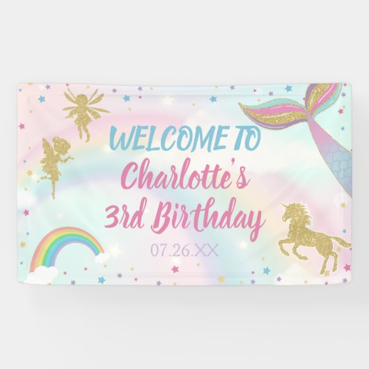金ゴールドダストマジカルユニコーンフェアリー人魚誕生日 横断幕 (横)