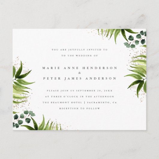 金ゴールドダスト&熱帯植物学結婚院 インビテーションポストカード (正面)