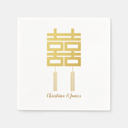 金ゴールドダブルハピネスウェディングパーティナプキンセット スタンダードカクテルナプキン (正面)