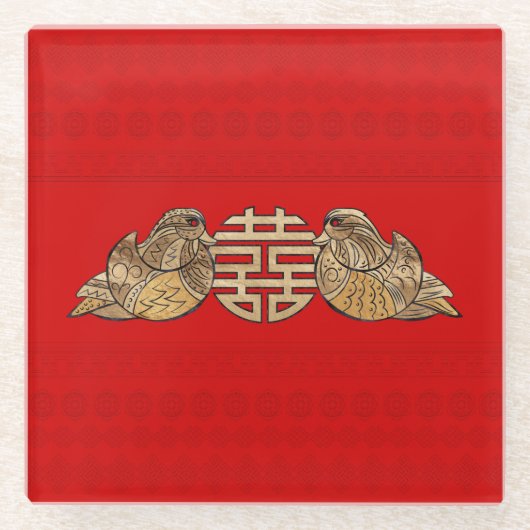 金ゴールドダブルハピネスシンボルウィズマンダリンダックス ガラスコースター (正面)