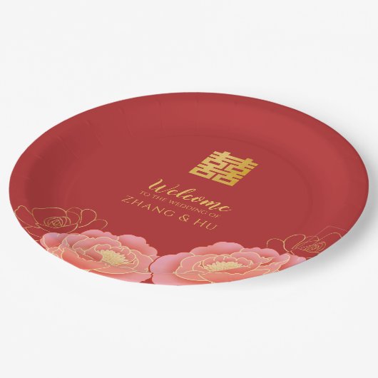 金ゴールドダブル中国のハピ結婚ネス ペーパープレート (アングル)