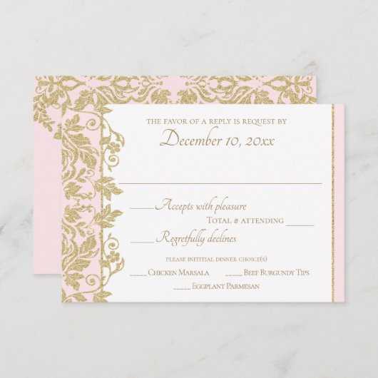 金ゴールドダマスクつる植物フローラピンクと金ゴールド応答 出欠カード (正面/裏面)