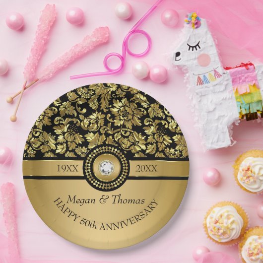 金ゴールドダマスクとダイヤモンド – 50周年記念ディナーP ペーパープレート (パーティー)