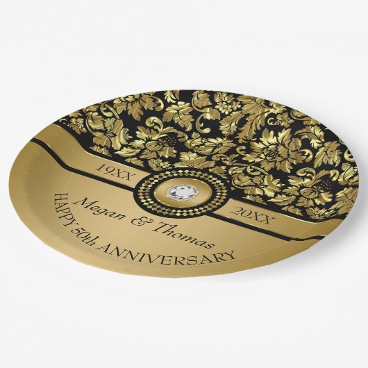 金ゴールドダマスクとダイヤモンド – 50周年記念ディナーP ペーパープレート (アングル)