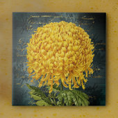 金ゴールドダマスクと手書きティール(緑がかった色)上のChrystanthemum タイル