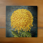 金ゴールドダマスクと手書きティール(緑がかった色)上のChrystanthemum タイル