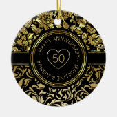 金ゴールドダマスクと金ゴールド – 黒ハート セラミックオーナメント (正面)