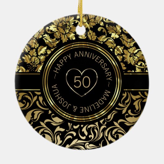金ゴールドダマスクと金ゴールド – 黒ハート セラミックオーナメント (裏面)
