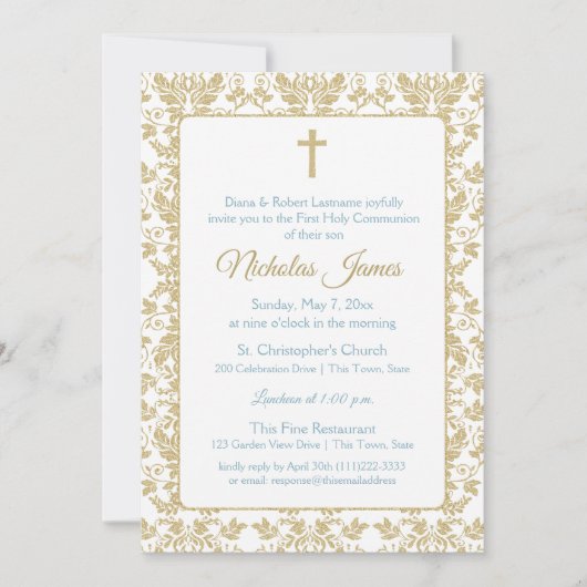 金ゴールドダマスクのブルーとの最初の交流 招待状 (正面)