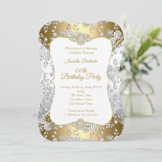 金ゴールドダマスクエレガントシルバーバラバースデーパーティー 招待状 (スタンド正面)