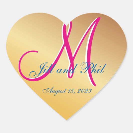 金ゴールドダマスクオレンジ黄色3Dモノグラム ハートシール (正面)