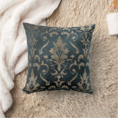 金ゴールドダマスクオン深いティール（緑がかった色） クッション (ブランケット)