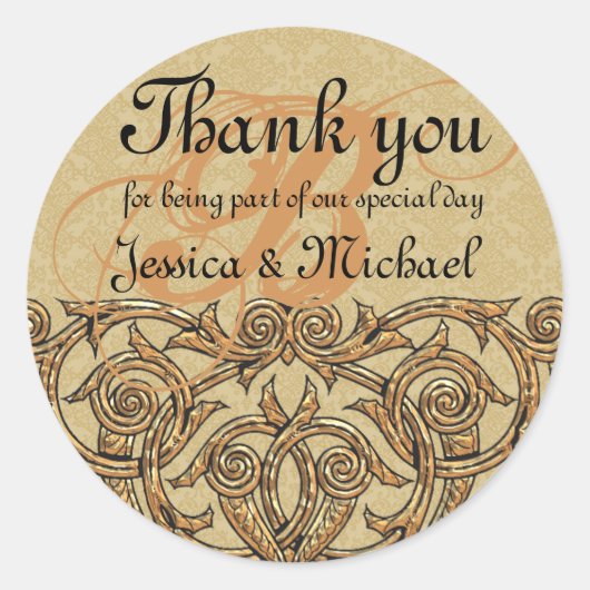 金ゴールドダマスクカスタムモノグラム結婚式の引き出物シール ラウンドシール (正面)