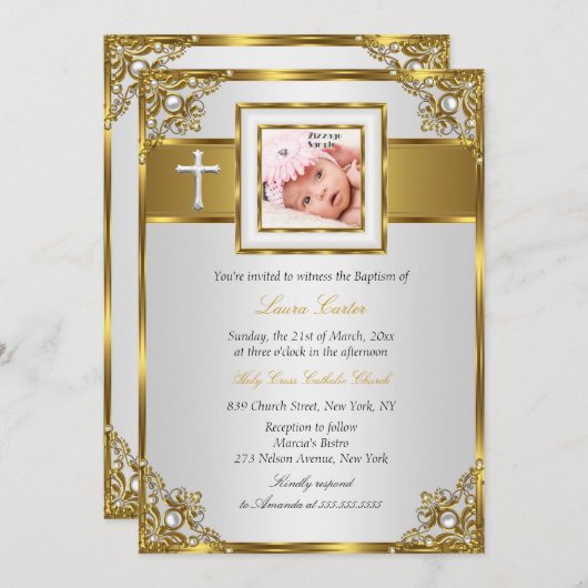 金ゴールドダマスククロスフォトバプテスマ《キリスト教》洗礼式や命名式2 招待状 (正面/裏面)