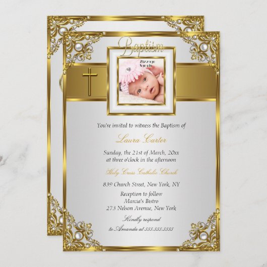 金ゴールドダマスククロスフォトバプテスマ《キリスト教》洗礼式や命名式 招待状 (正面/裏面)