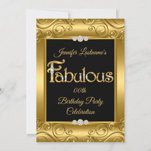 金ゴールドダマスクダイヤモンドファブラス誕生日パーティー 招待状 (正面)