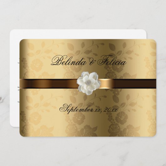 金ゴールドダマスクチョコレートブラウンサテンホワイトフラワー 招待状 (正面/裏面)