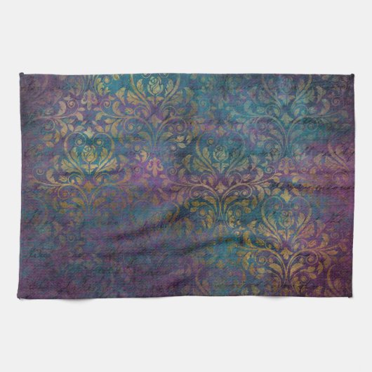 金ゴールドダマスクパープルピンクティール(緑がかった色) キッチンタオル (横)