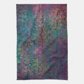 金ゴールドダマスクパープルピンクティール(緑がかった色) キッチンタオル (縦)