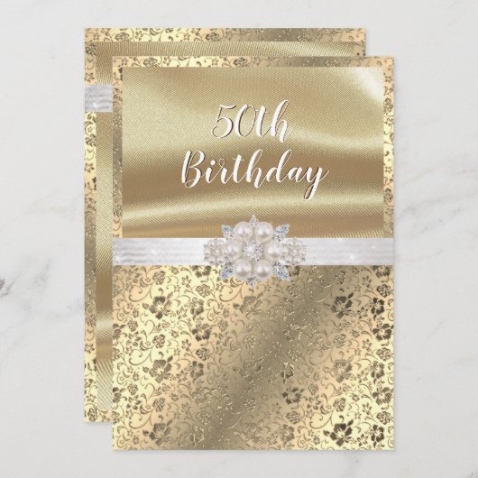 金ゴールドダマスクパールダイヤモンドホワイトサタン50th 招待状 (正面/裏面)