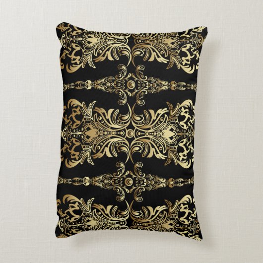 金ゴールドダマスクフローラシームレスパターンとアラベスク アクセントクッション (裏面(縦))