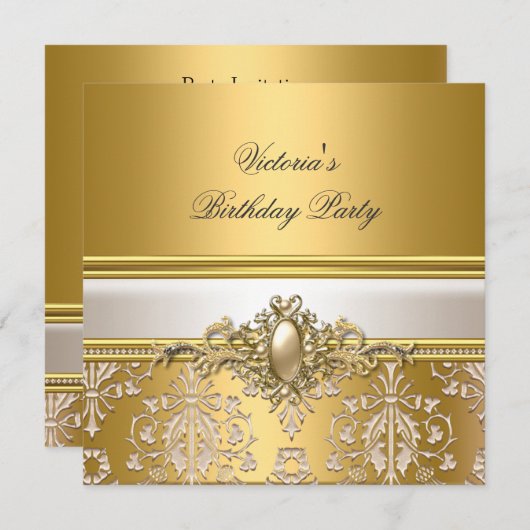 金ゴールドダマスクホワイトクリームバースデーパーティーパール 招待状 (正面/裏面)