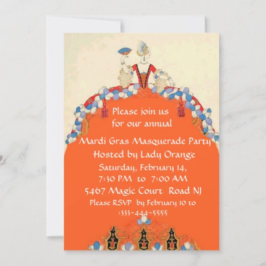 金ゴールドダマスクマスク及びオレンジレディーマスカレードパーティー 招待状 (裏面)