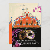 金ゴールドダマスクマスク及びオレンジレディーマスカレードパーティー 招待状 (正面/裏面)