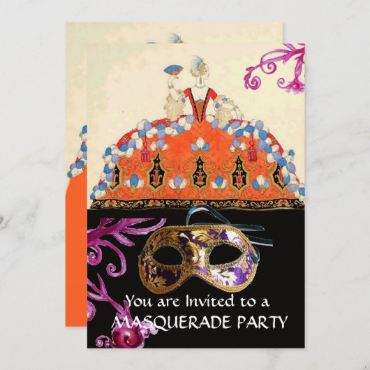 金ゴールドダマスクマスク及びオレンジレディーマスカレードパーティー 招待状 (正面/裏面)