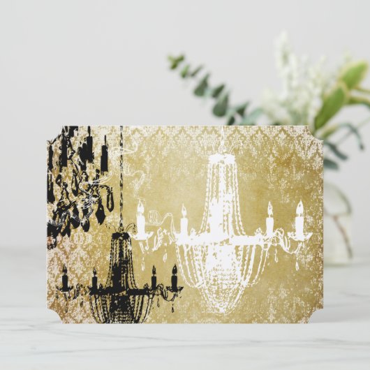 金ゴールドダマスクヴィンテージシャンデリア結婚式招待状 招待状 (スタンド正面)