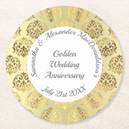 金ゴールドダマスク結婚ゴールデンアニバーズ ラウンドペーパーコースター