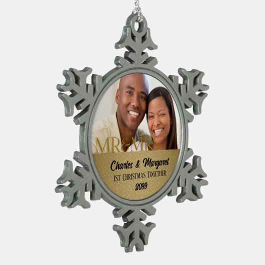 金ゴールドダマスク1stクリスマス一緒に写真 スノーフレークピューターオーナメント (左)