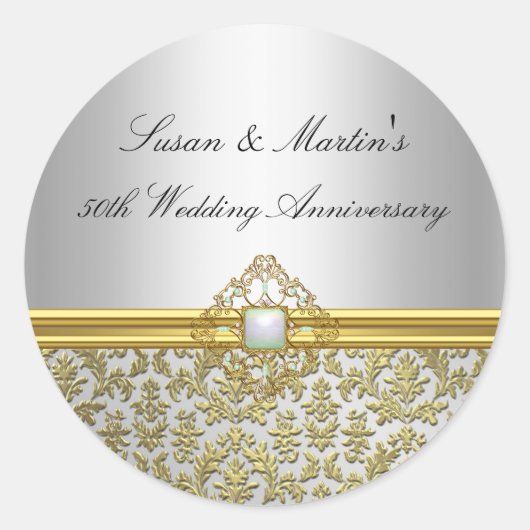 金ゴールドダマスク50結婚周年記念ステッカー ラウンドシール (正面)