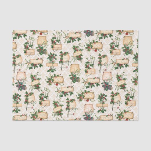 金ゴールドダマスク、クリスマス・グリーティング&ヴィンテージ・ホリー 薄葉紙 (正面)