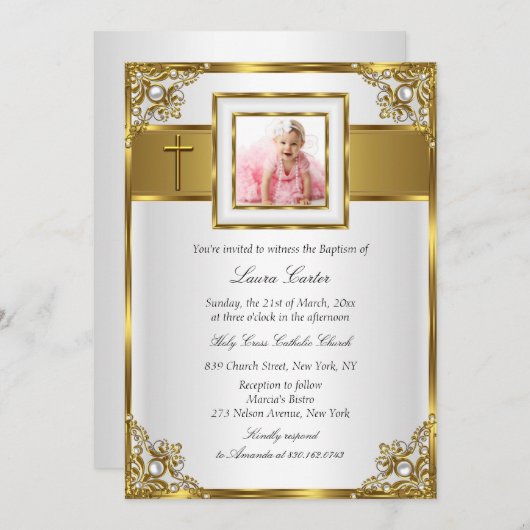 金ゴールドダマスク&クロスフォトバプテスマ/《キリスト教》洗礼式や命名式 招待状 (正面/裏面)