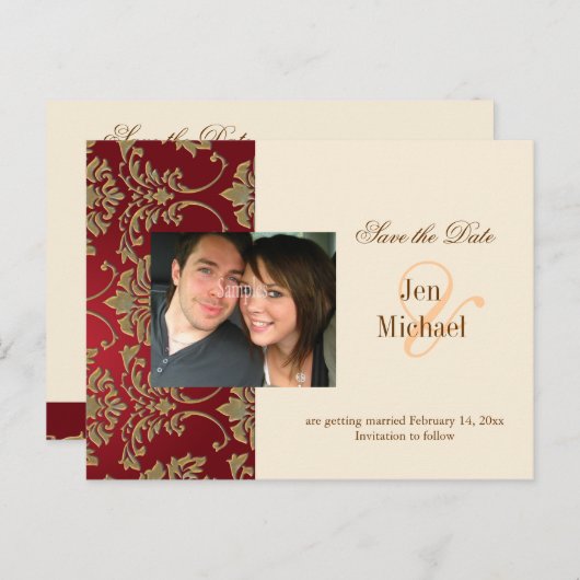 金ゴールドダマスク、日付の保存フォトポストカード、 案内ポストカード (正面/裏面)