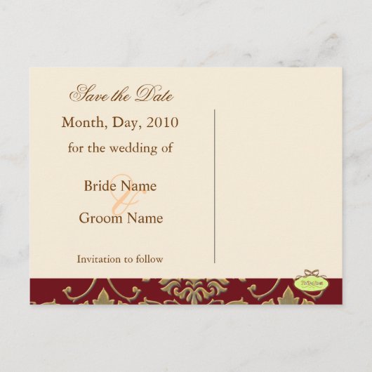 金ゴールドダマスク、日付の保存フォトポストカード、 案内ポストカード (裏面)