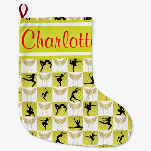 金ゴールドダンサーエンジェルクリスパーソナライズされたマスストッキング ラージクリスマスストッキング (正面)