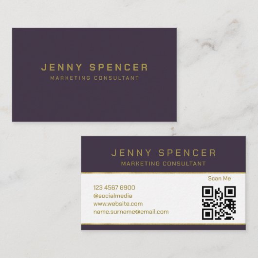 金ゴールドダークパープルミニマルQRコードプロフェッショナル 名刺 (正面/裏面)