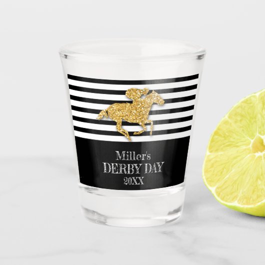金ゴールドダービーデイレースホース白黒ストライプ ショットグラス (正面)